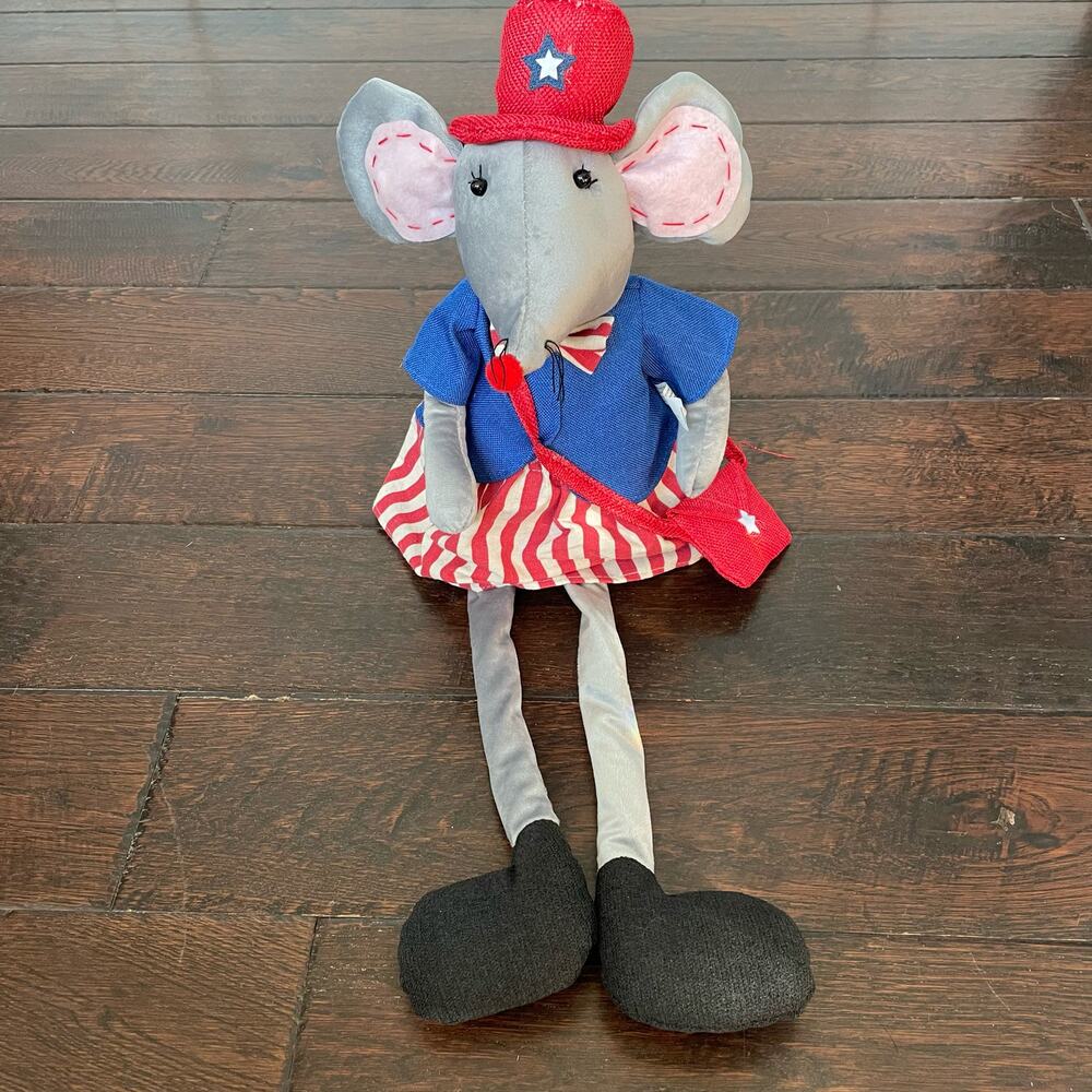 Patriotic Mouse Shelf Sitter Bean Stuffed American Red White Blue Folk Art Party